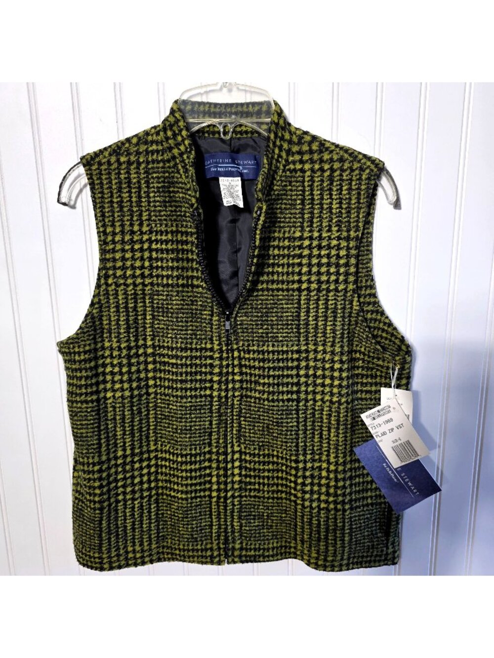 Vintage Houndstooth Plaid Zip Vest S Green Black Deadstock Preppy Academia USA